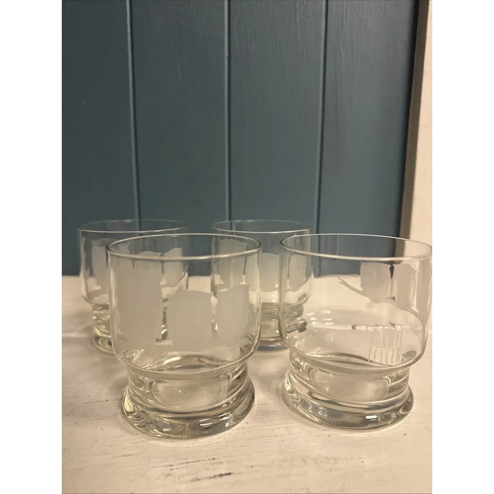 4 Vtg MCM Bonwit Teller Etched‎ Frosted Owls Old Fashioned Tumbler 10 oz Glasses